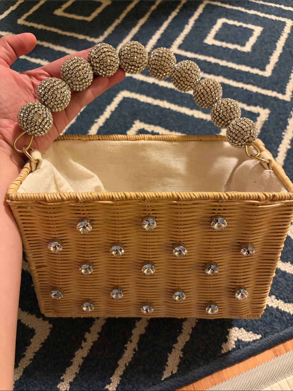 BTB LA Wicker Shoulder Bag with Crystal Beaded Handle in Tan RARE